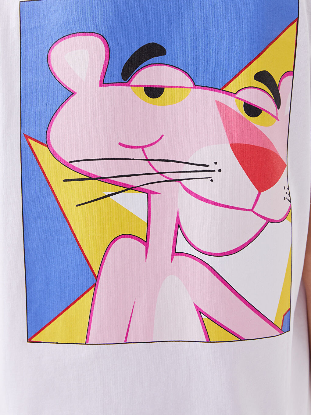 Beyaz Bisiklet Yaka Pembe Panter Baskılı Kısa Kollu Oversize Kadın Tişört-3