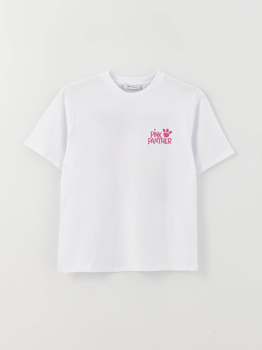 Beyaz Bisiklet Yaka Pembe Panter Baskılı Kısa Kollu Oversize Kadın Tişört-5