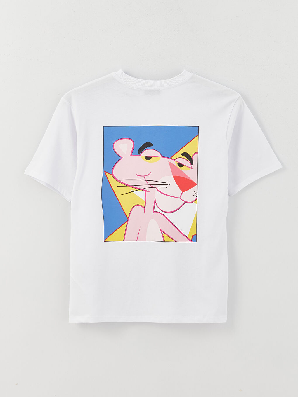 Beyaz Bisiklet Yaka Pembe Panter Baskılı Kısa Kollu Oversize Kadın Tişört-6