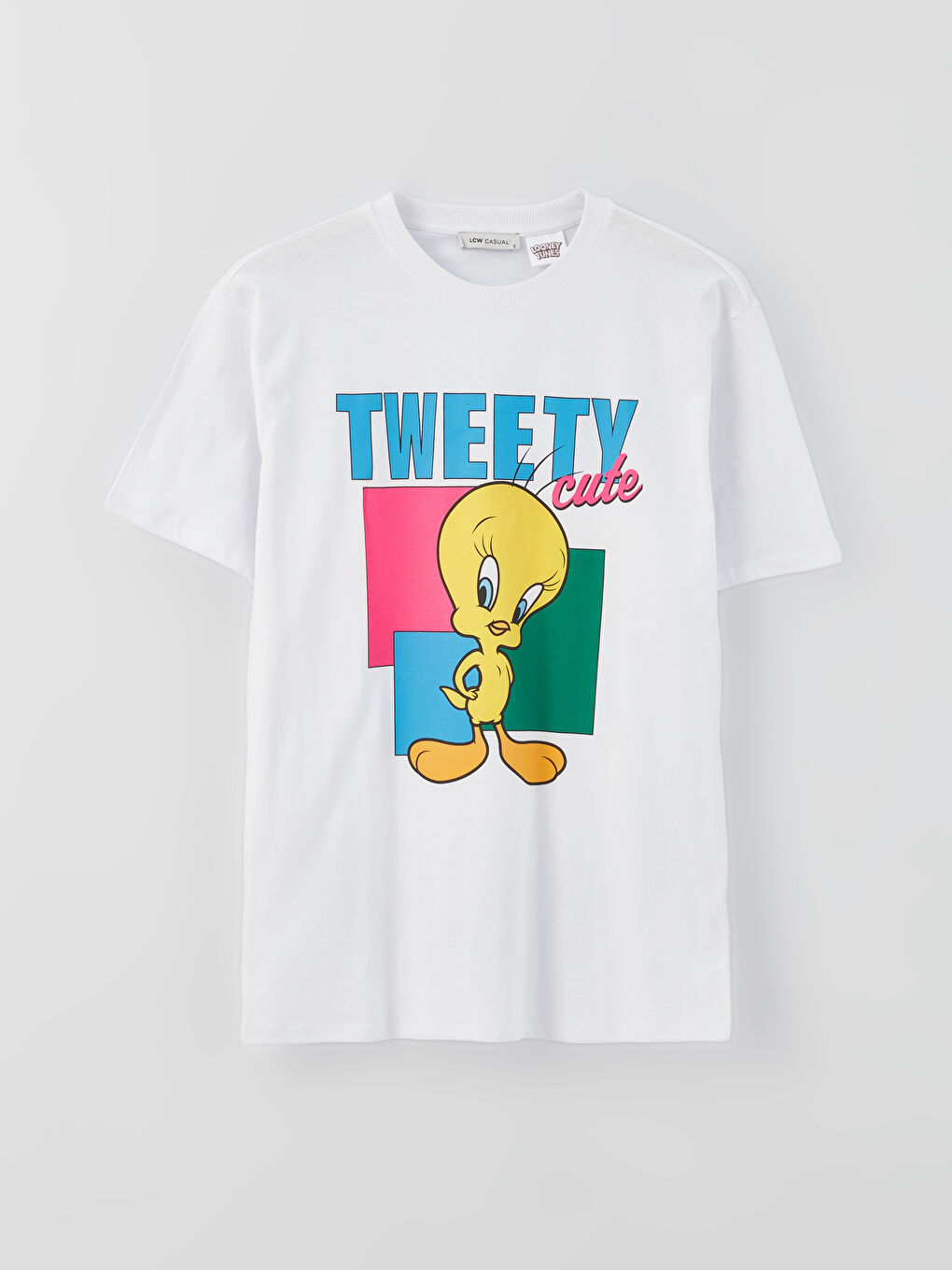 Beyaz Bisiklet Yaka Tweety Baskılı Oversize Kadın Tişört-5