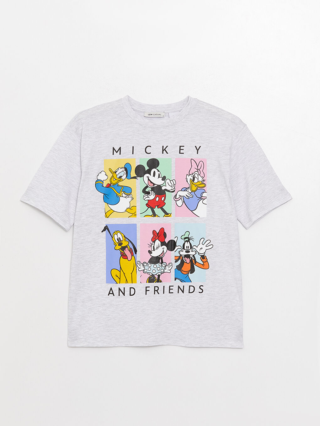 Gri Bisiklet Yaka Mickey Mouse Baskılı Kısa Kollu Oversize Kadın Tişört-5