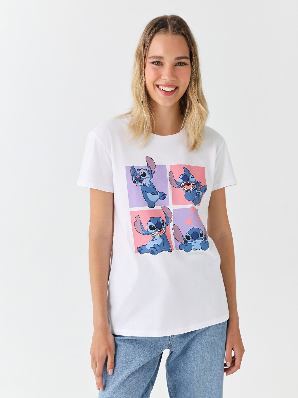 Tricou imprimat Lilo & Stitch pentru Femei cu Guler Rotund