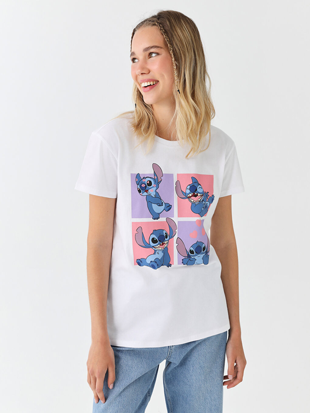 Tricou imprimat Lilo & Stitch pentru Femei cu Guler Rotund-1