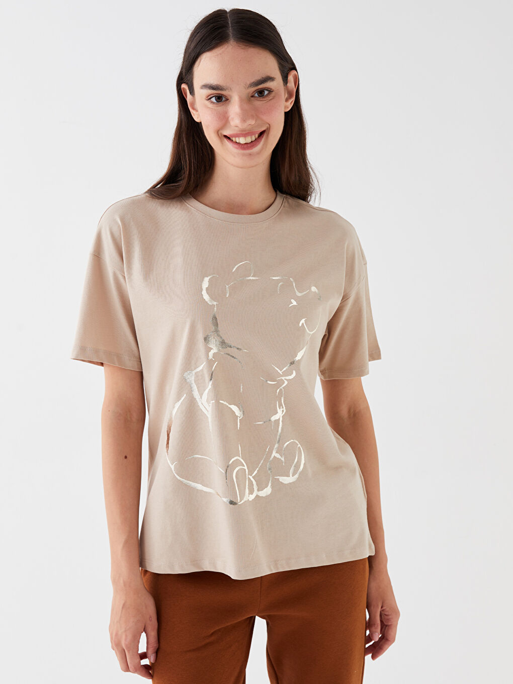 Crew Neck Winnie The Pooh Printed Short Sleeve Women's T-Shirt-1