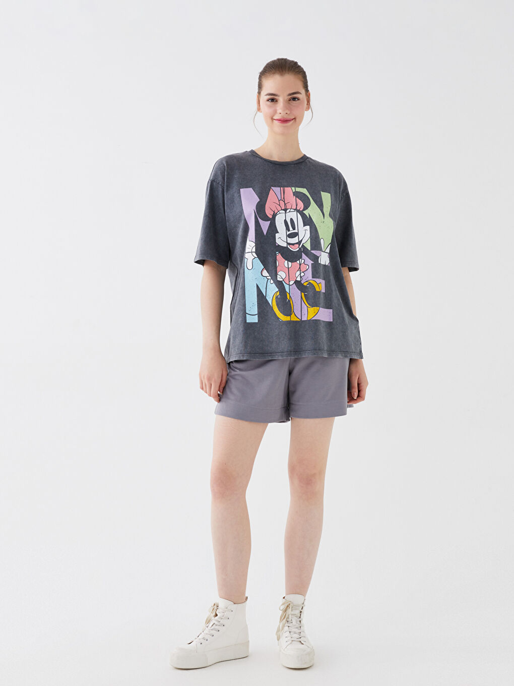 Tricou Supradimensionat pentru Femei cu Guler Rotund, Imprimat Minnie Mouse, Mânecă Scurtă-1