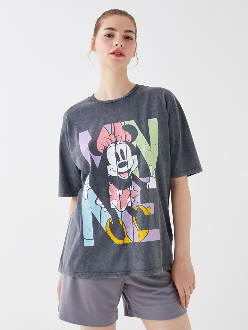 Tricou Supradimensionat pentru Femei cu Guler Rotund, Imprimat Minnie Mouse, Mânecă Scurtă-2