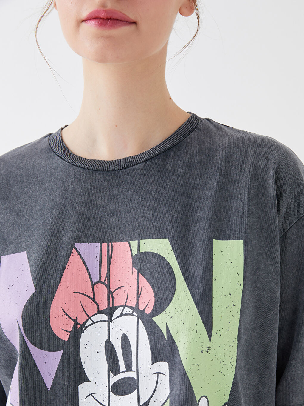 Tricou Supradimensionat pentru Femei cu Guler Rotund, Imprimat Minnie Mouse, Mânecă Scurtă-3