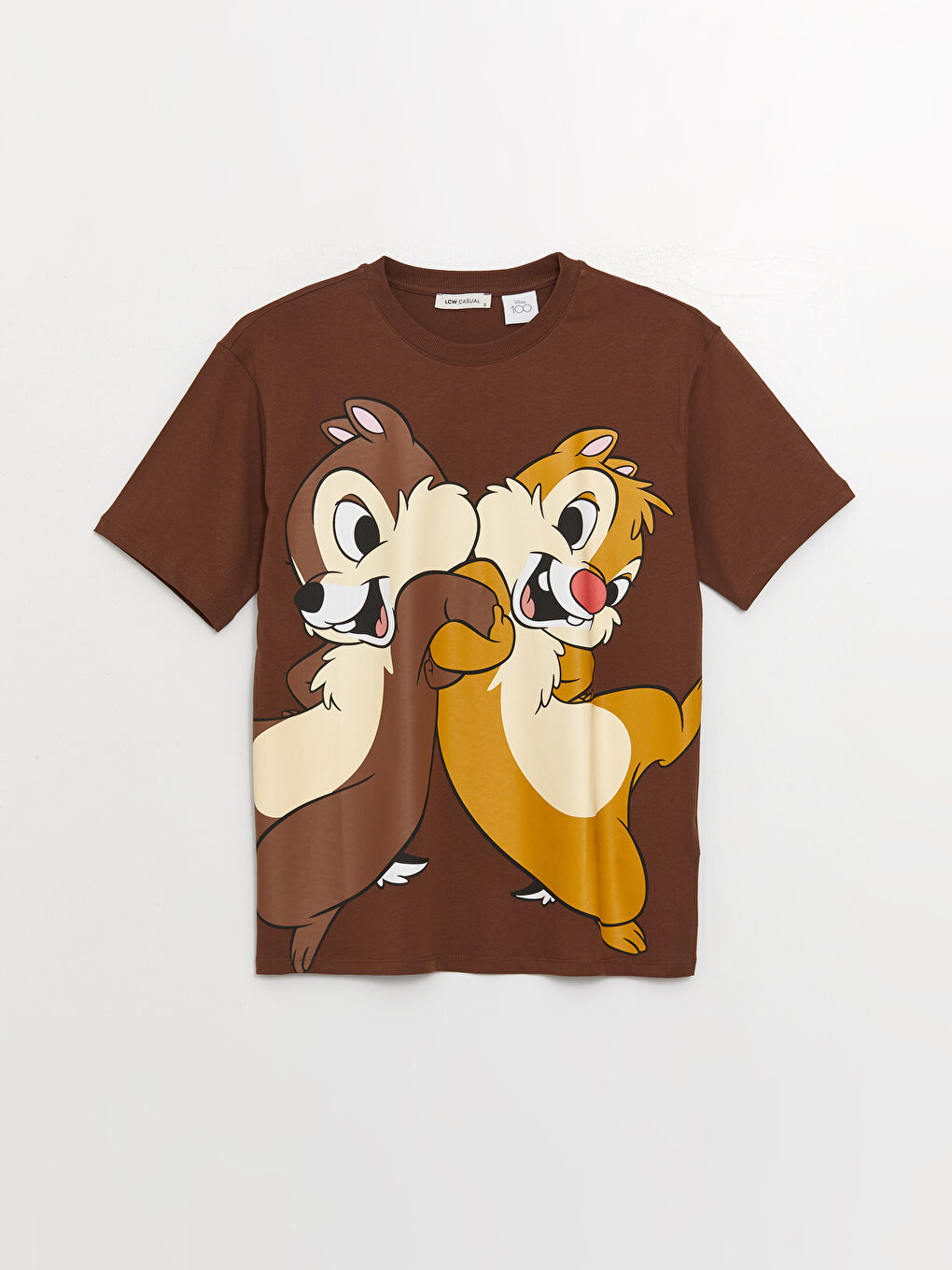 Kahverengi Bisiklet Yaka Chip'n Dale Baskılı Kısa Kollu Oversize Kadın Tişört-5