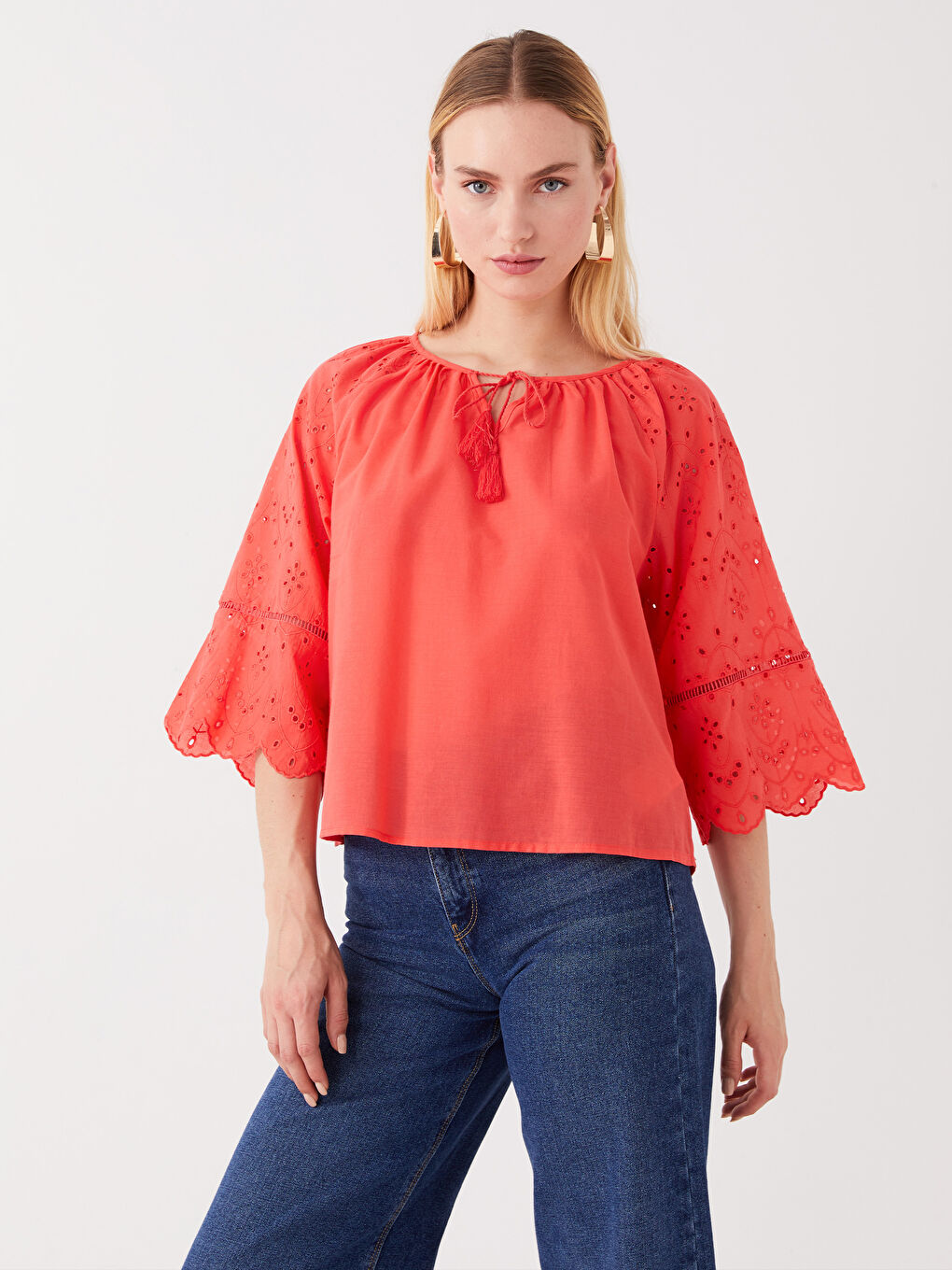 Tie Collar Self-Patterned Oversized Women's Blouse