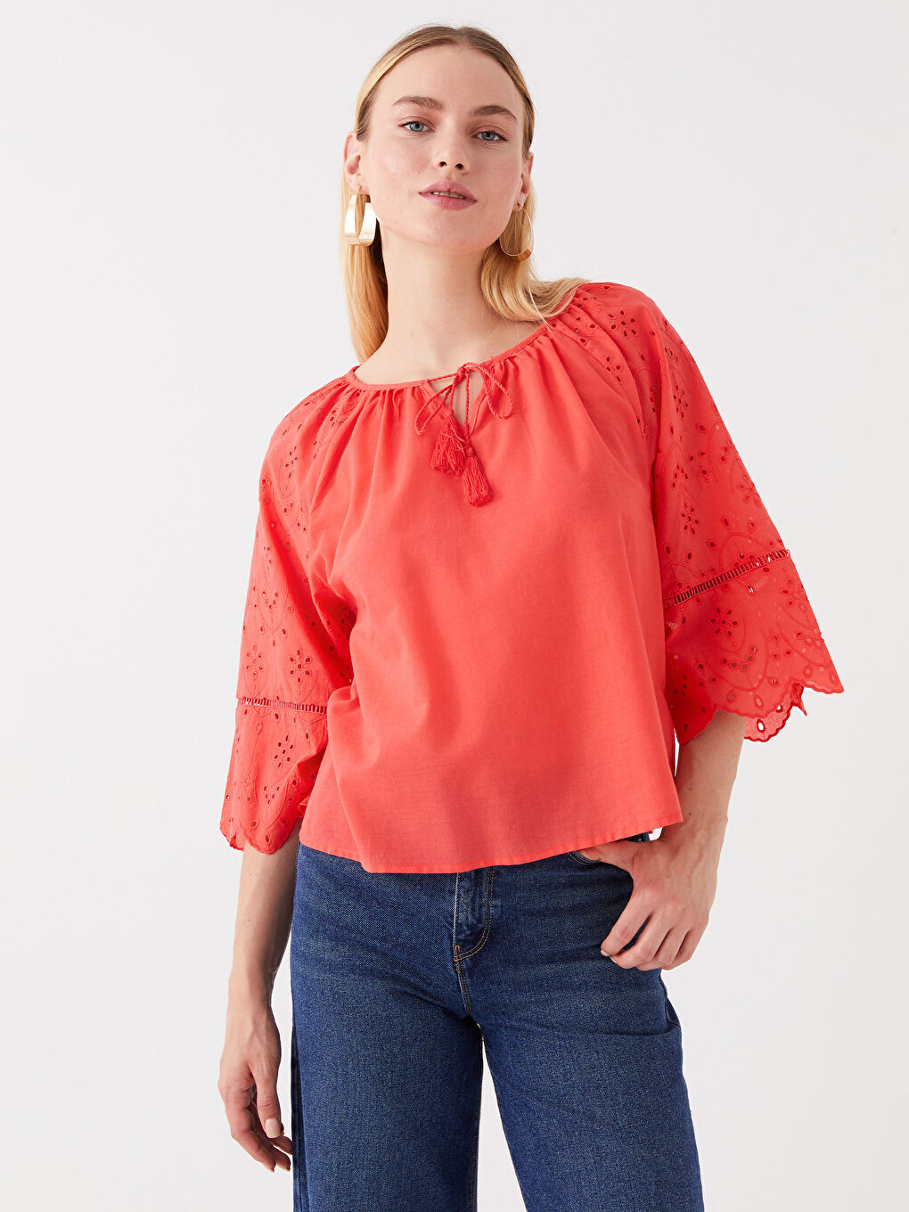 Tie Collar Self-Patterned Oversized Women's Blouse-1