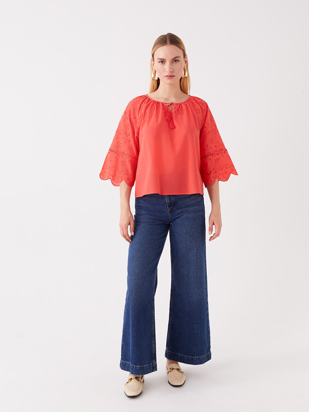 Tie Collar Self-Patterned Oversized Women's Blouse-2