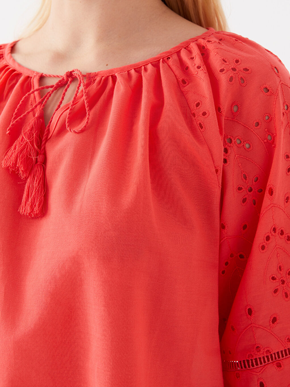 Tie Collar Self-Patterned Oversized Women's Blouse-3