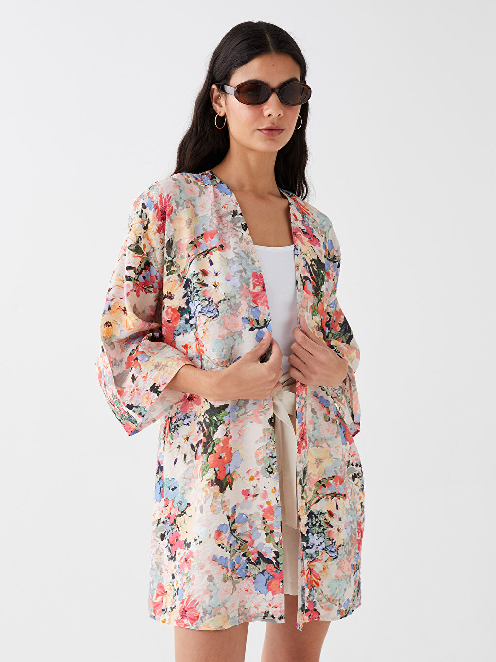 Mercan Şal Yaka Çiçekli Kadın Kimono