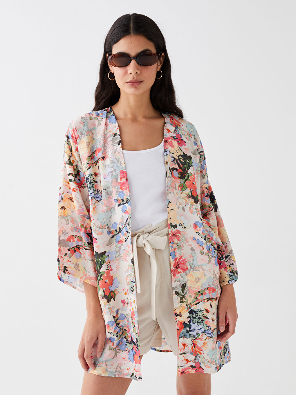 Mercan Şal Yaka Çiçekli Kadın Kimono-1