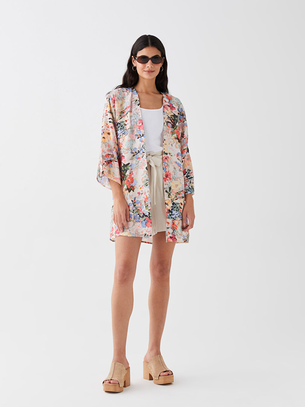 Mercan Şal Yaka Çiçekli Kadın Kimono-2