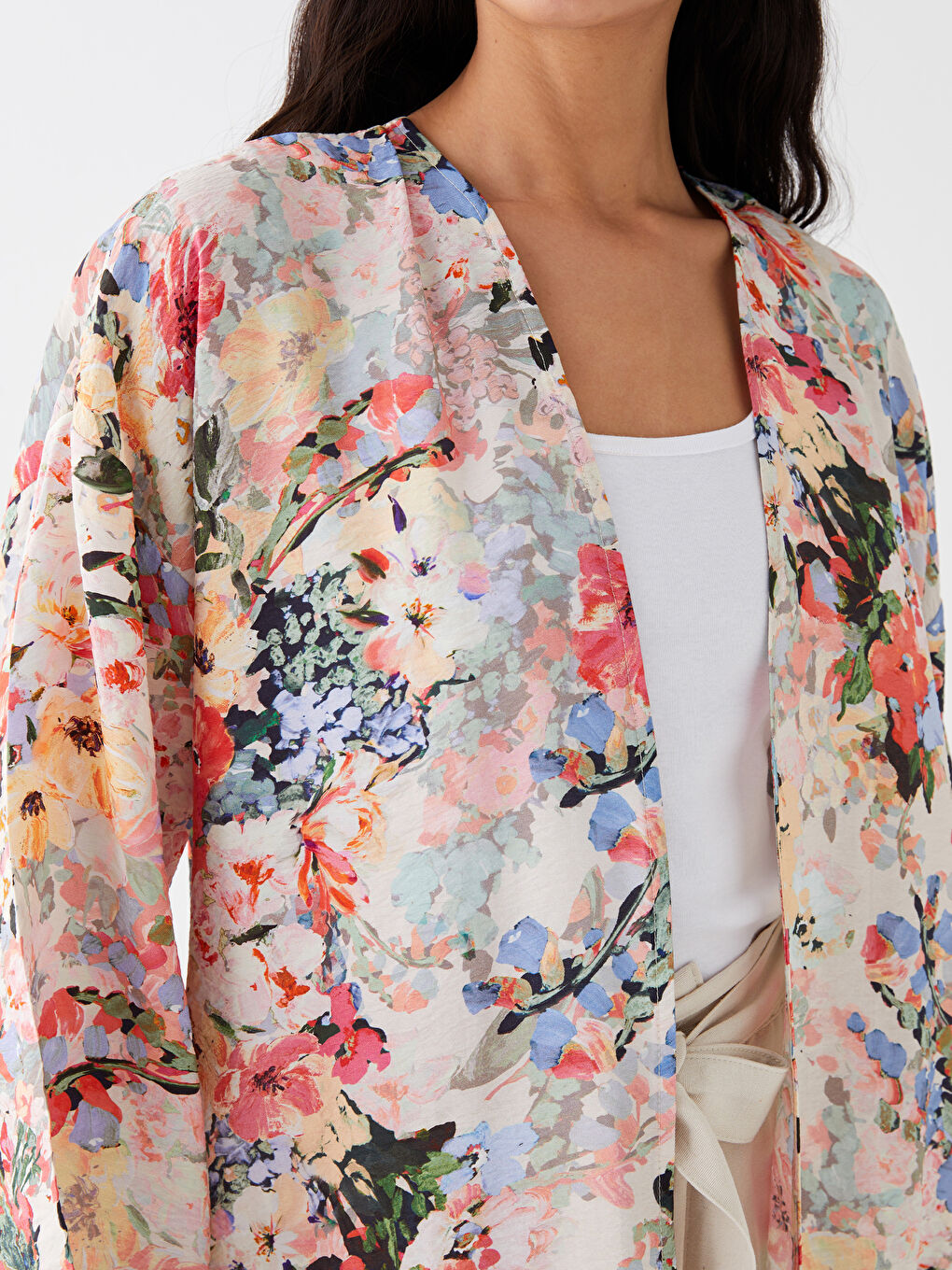 Mercan Şal Yaka Çiçekli Kadın Kimono-3