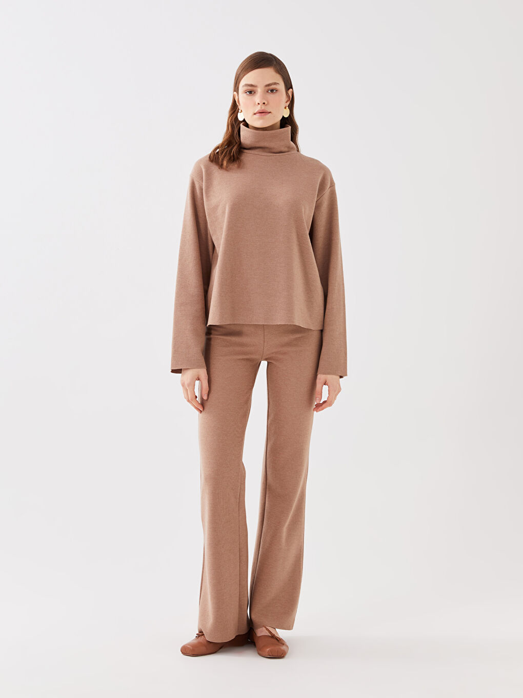 Kahverengi Dik Yaka Düz Uzun Kollu Kadın Sweatshirt-2