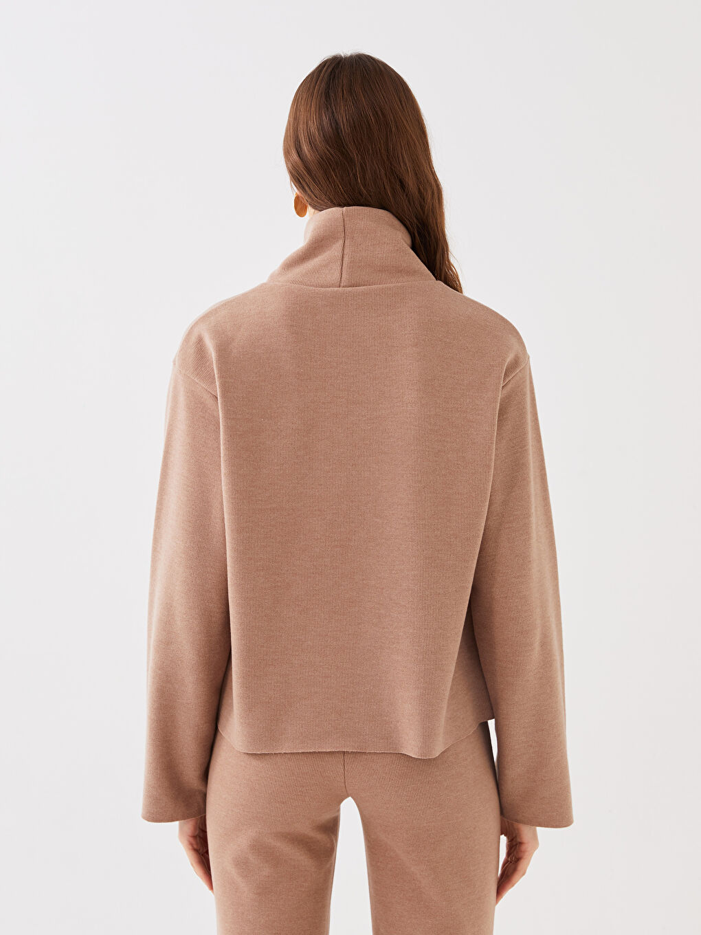 Kahverengi Dik Yaka Düz Uzun Kollu Kadın Sweatshirt-4