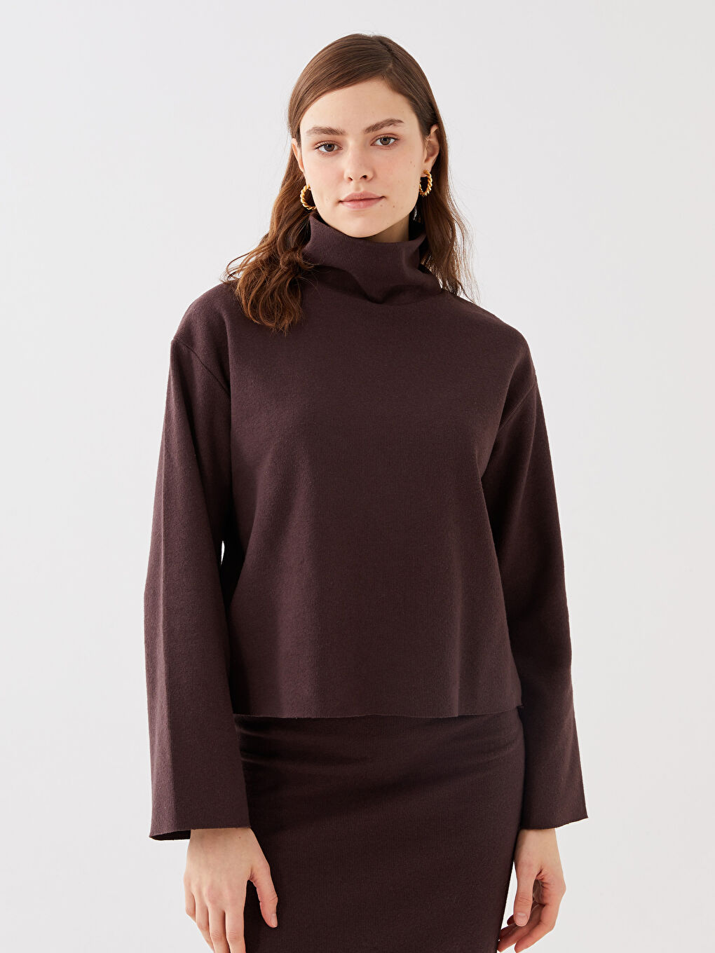 Толстовка с длинным рукавом и воротником-трубой для женщин, однотонная-1