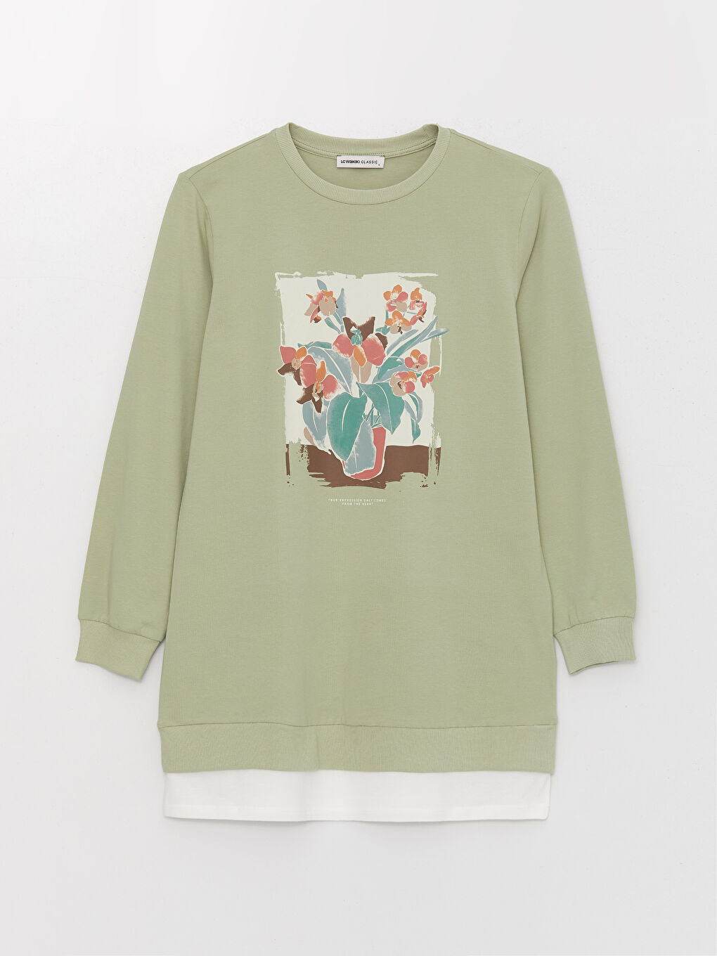 تونيك كم طويل مطبوع بياقة دائرية للسيدات-5