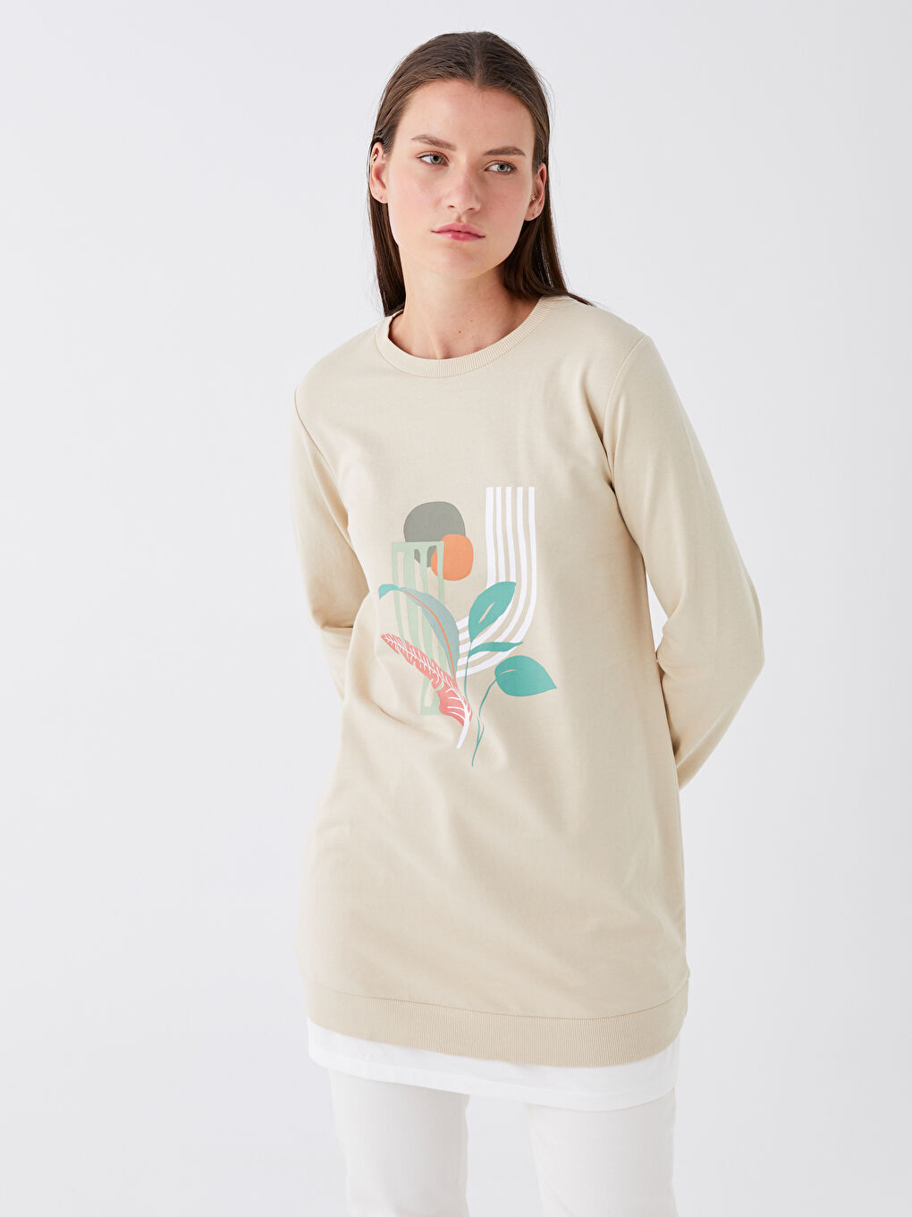 Bej Bisiklet Yaka Baskılı Uzun Kollu Kadın Sweatshirt Tunik