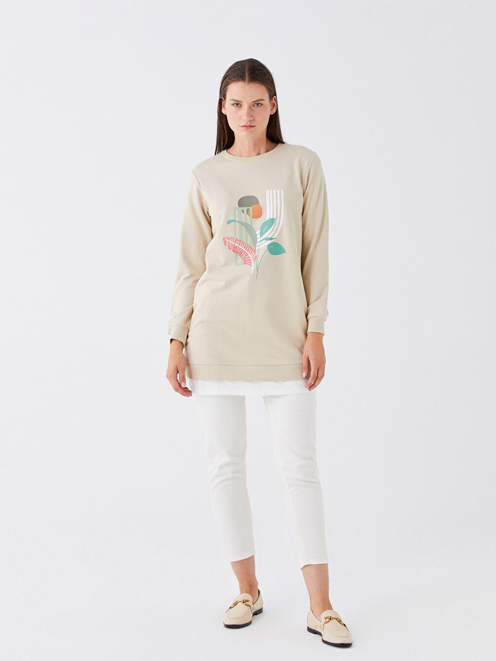 Bej Bisiklet Yaka Baskılı Uzun Kollu Kadın Sweatshirt Tunik-1