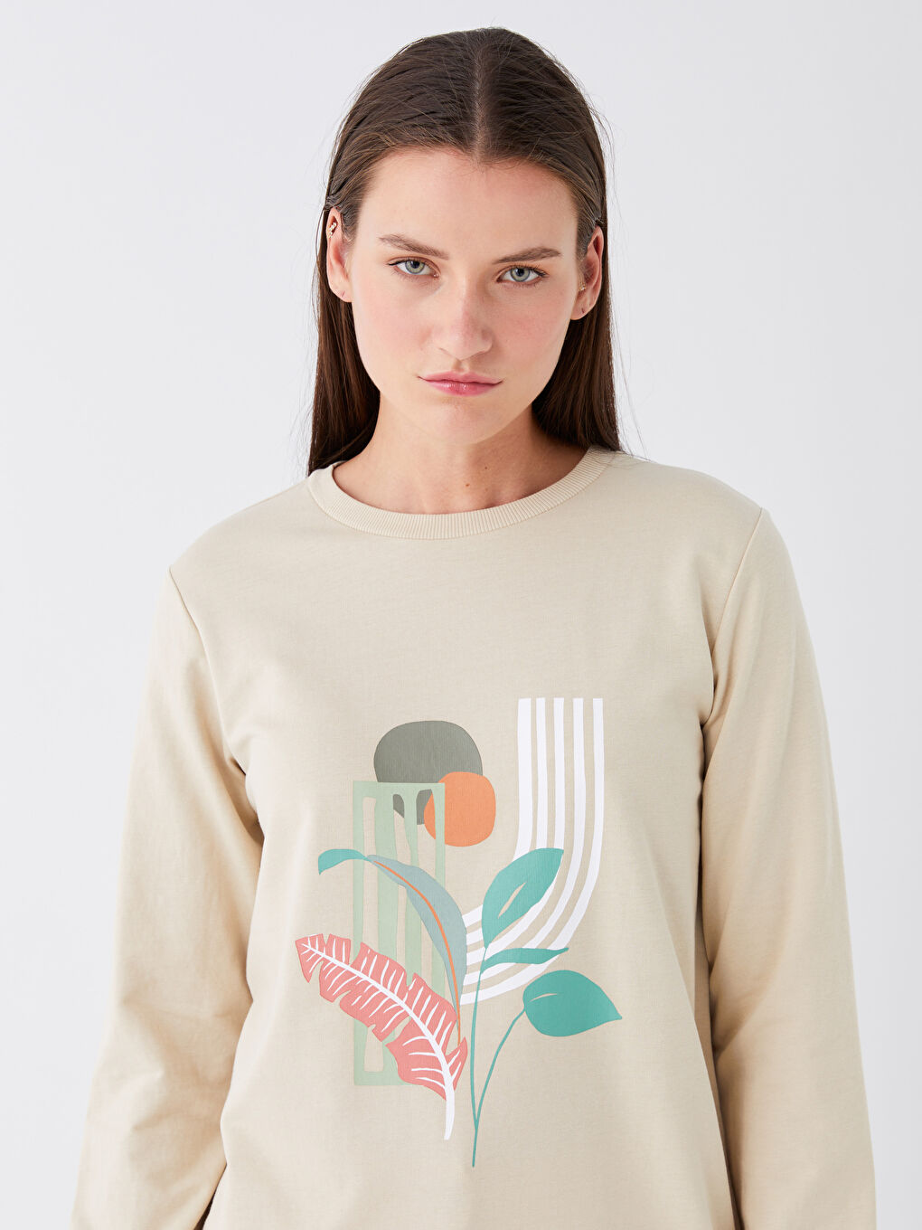 Bej Bisiklet Yaka Baskılı Uzun Kollu Kadın Sweatshirt Tunik-2