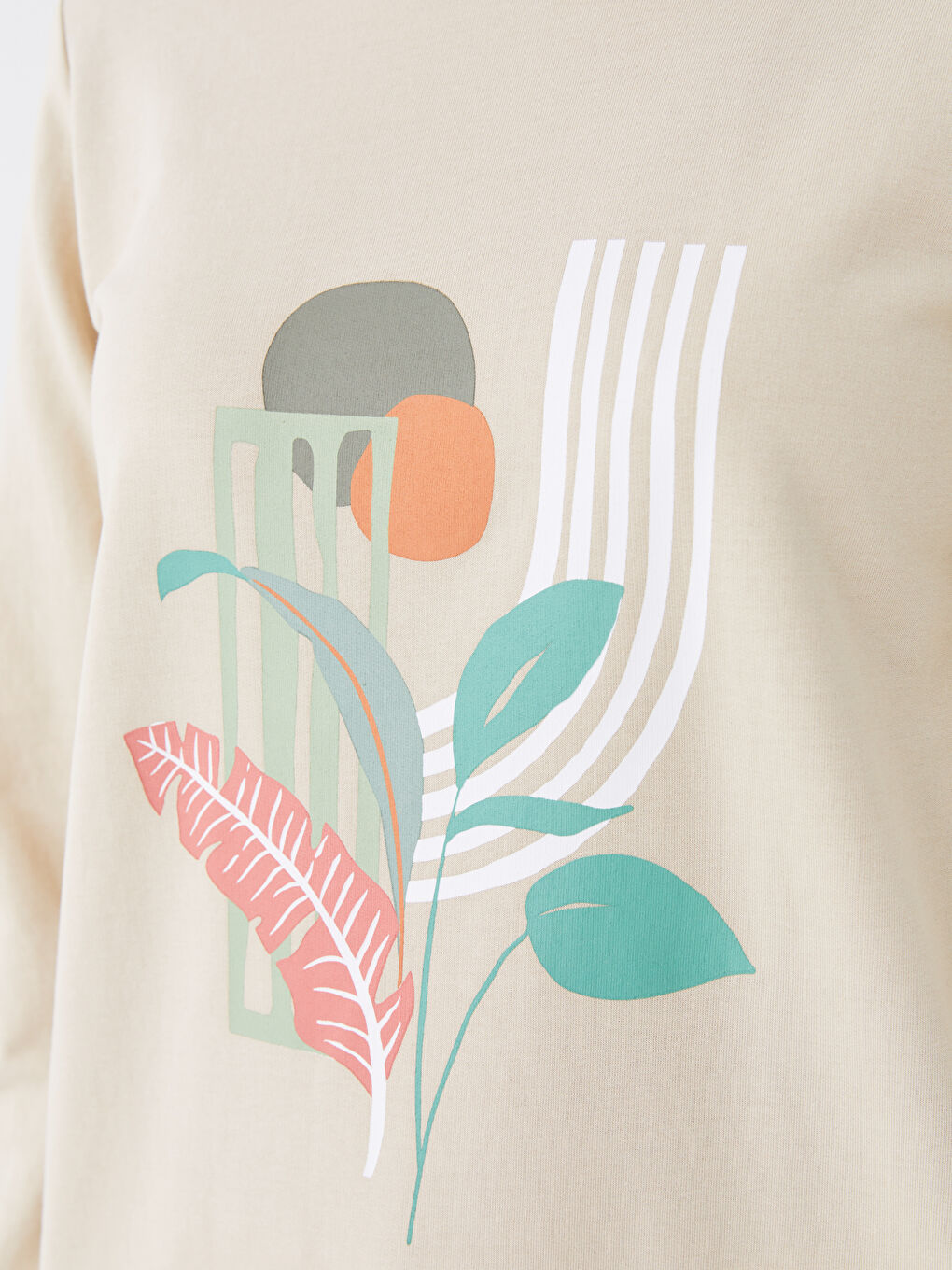 Bej Bisiklet Yaka Baskılı Uzun Kollu Kadın Sweatshirt Tunik-3