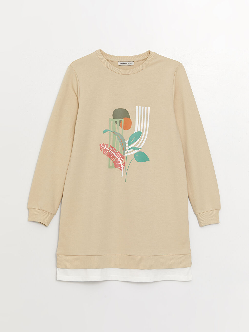 Bej Bisiklet Yaka Baskılı Uzun Kollu Kadın Sweatshirt Tunik-5