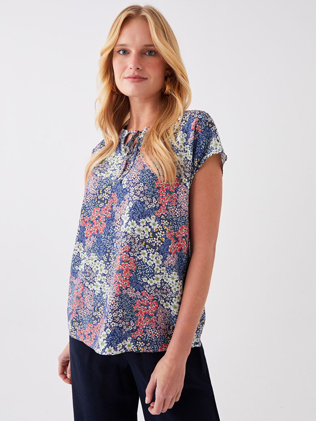 Tie Neck Floral Short Sleeve Women's Blouse