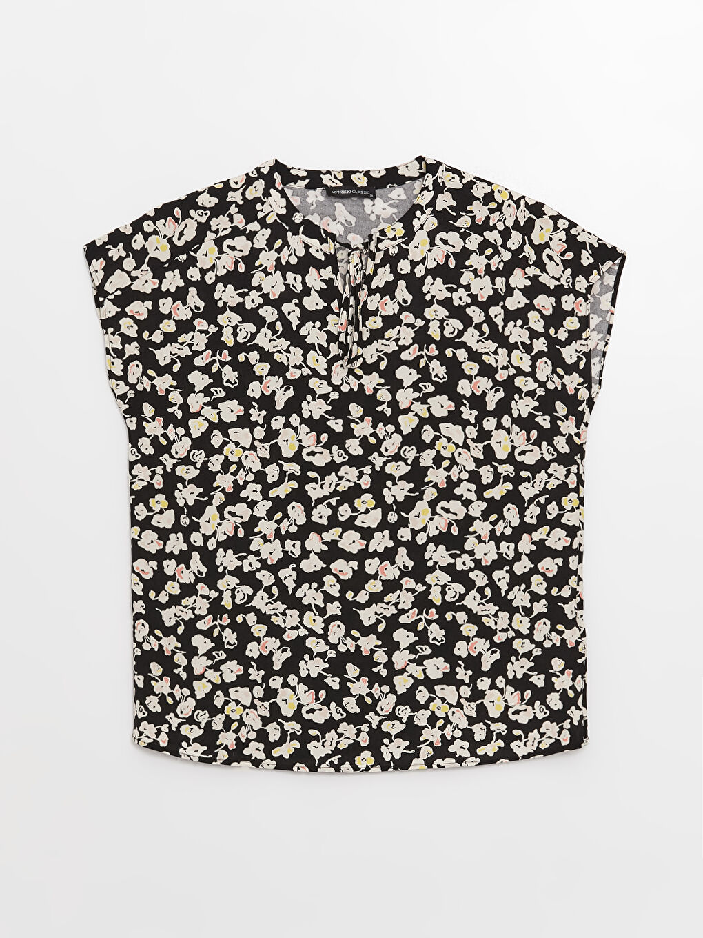 Siyah Bağlamalı Yaka Çiçekli Kısa Kollu Kadın Bluz-5