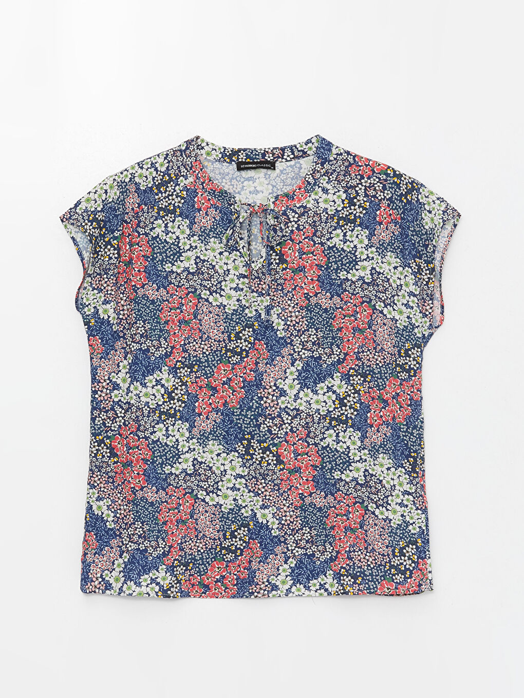 Tie Neck Floral Short Sleeve Women's Blouse-5