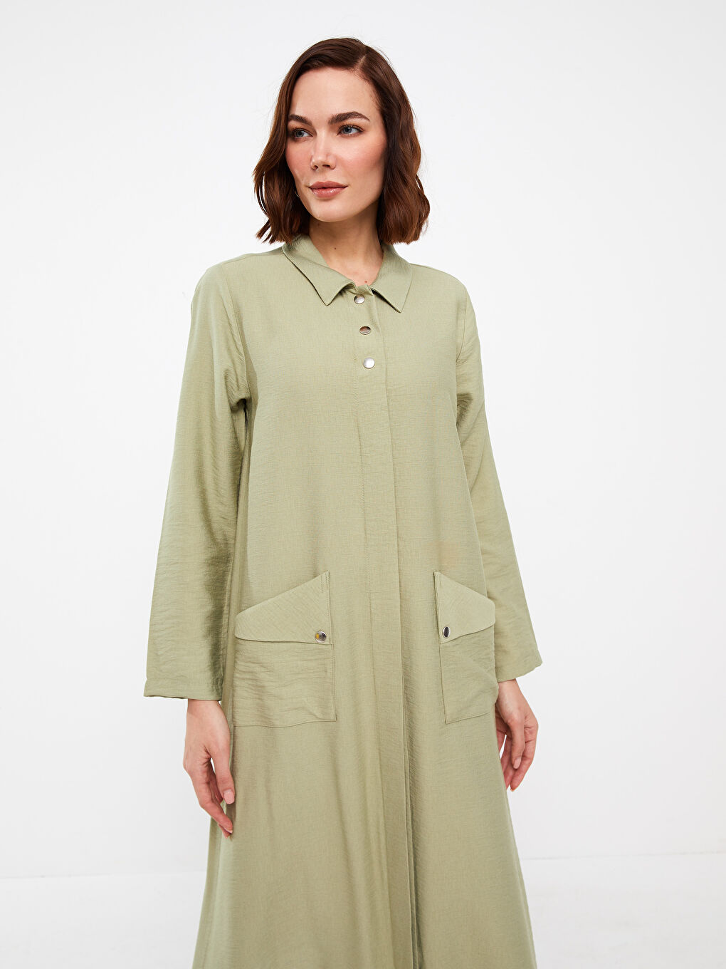 Shirt Collar Plain Long Sleeve Linen-Look Women's Abaya-1