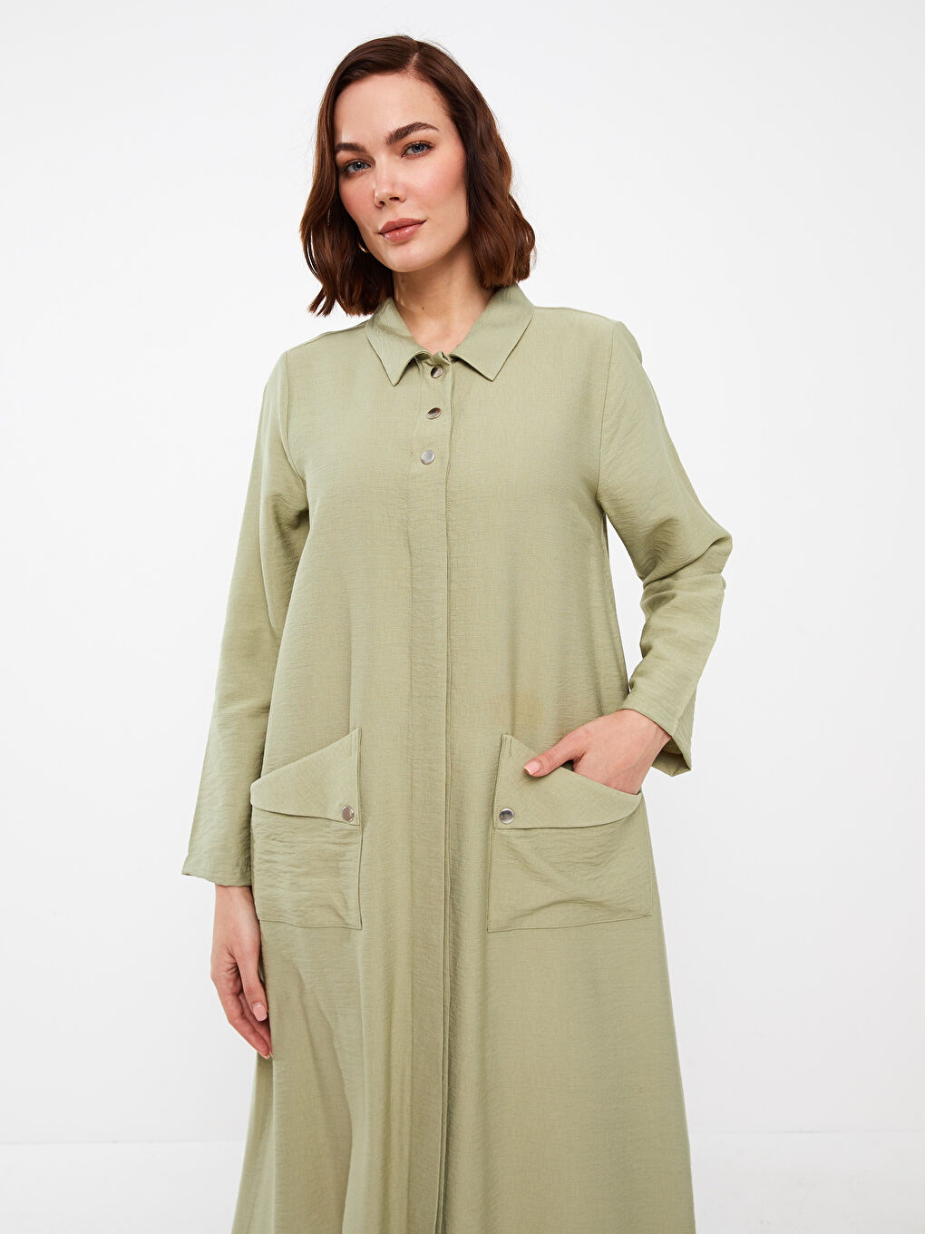 Shirt Collar Plain Long Sleeve Linen-Look Women's Abaya-2