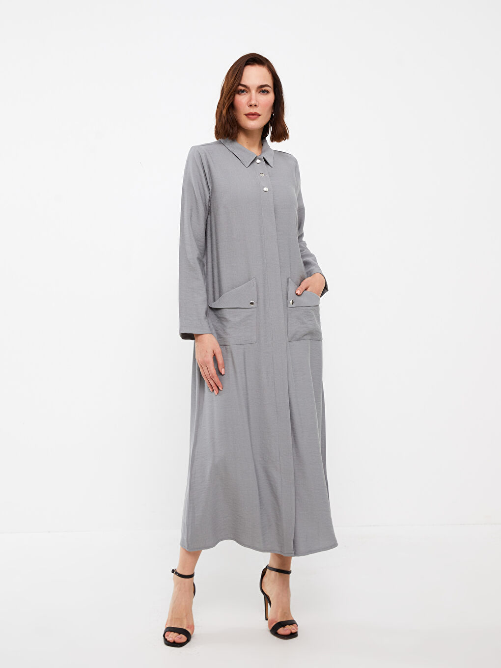 Gri Gömlek Yaka Düz Uzun Kollu Keten Görünümlü Kadın Ferace