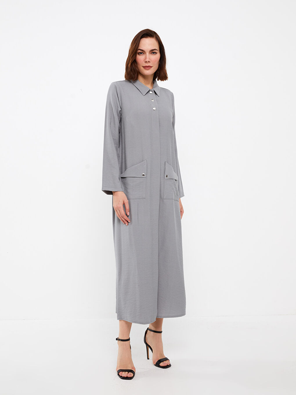 Gri Gömlek Yaka Düz Uzun Kollu Keten Görünümlü Kadın Ferace-1