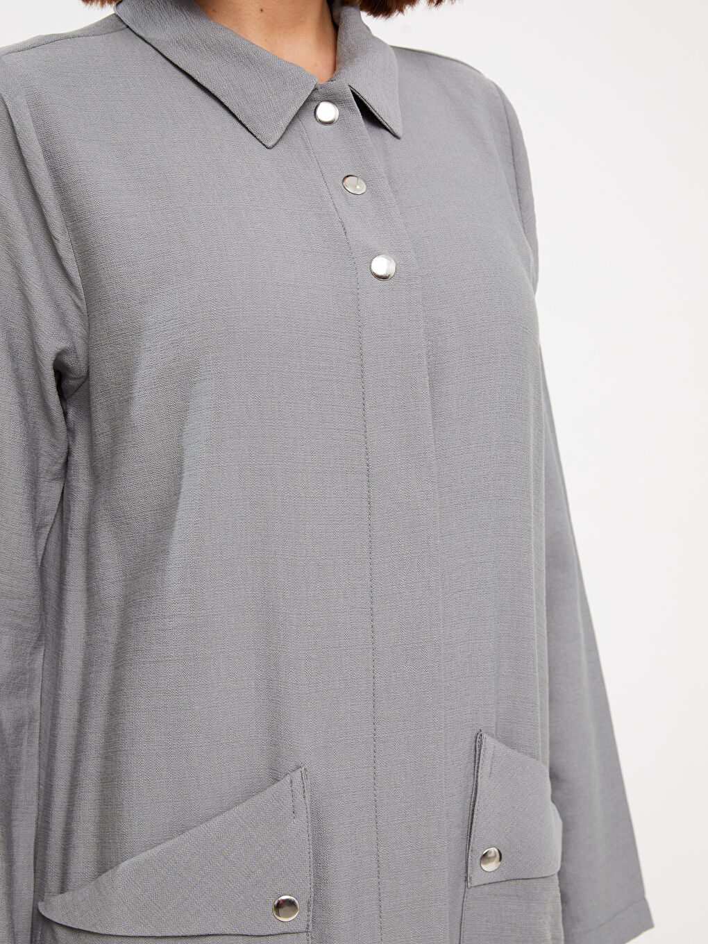 Gri Gömlek Yaka Düz Uzun Kollu Keten Görünümlü Kadın Ferace-3
