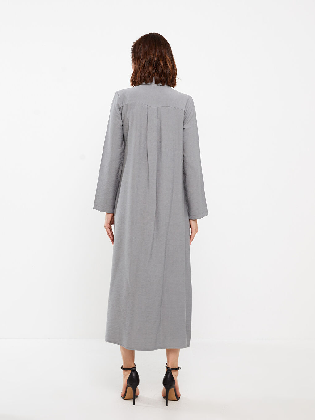 Gri Gömlek Yaka Düz Uzun Kollu Keten Görünümlü Kadın Ferace-4