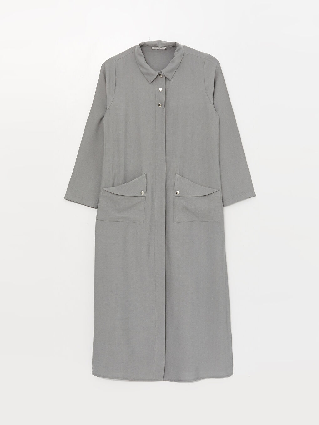 Gri Gömlek Yaka Düz Uzun Kollu Keten Görünümlü Kadın Ferace-5