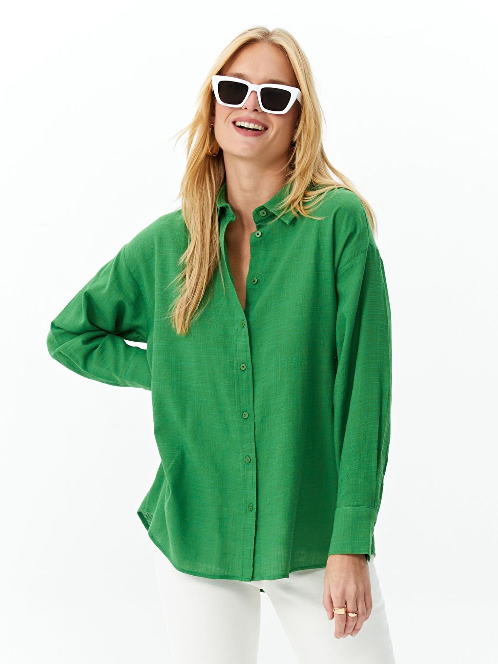 Yeşil Düz Uzun Kollu Oversize Kadın Gömlek