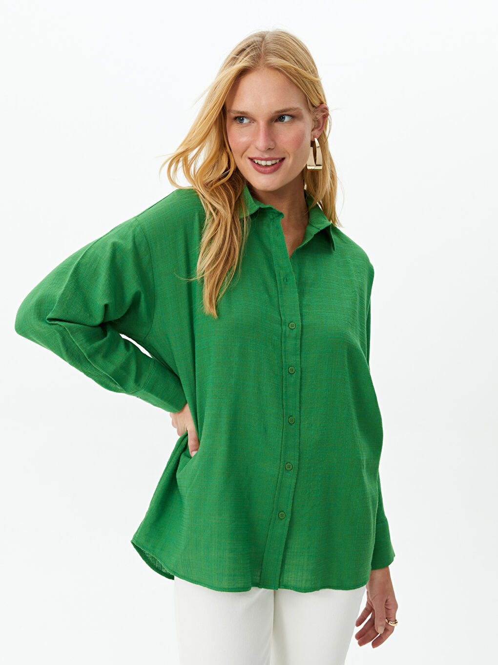 Yeşil Düz Uzun Kollu Oversize Kadın Gömlek-1