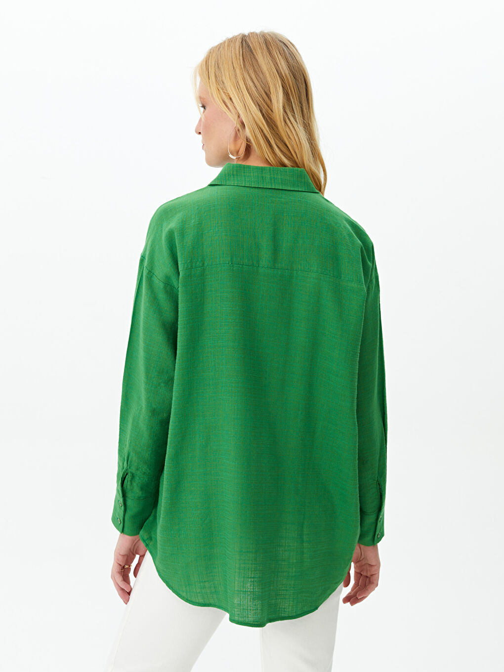 Yeşil Düz Uzun Kollu Oversize Kadın Gömlek-4