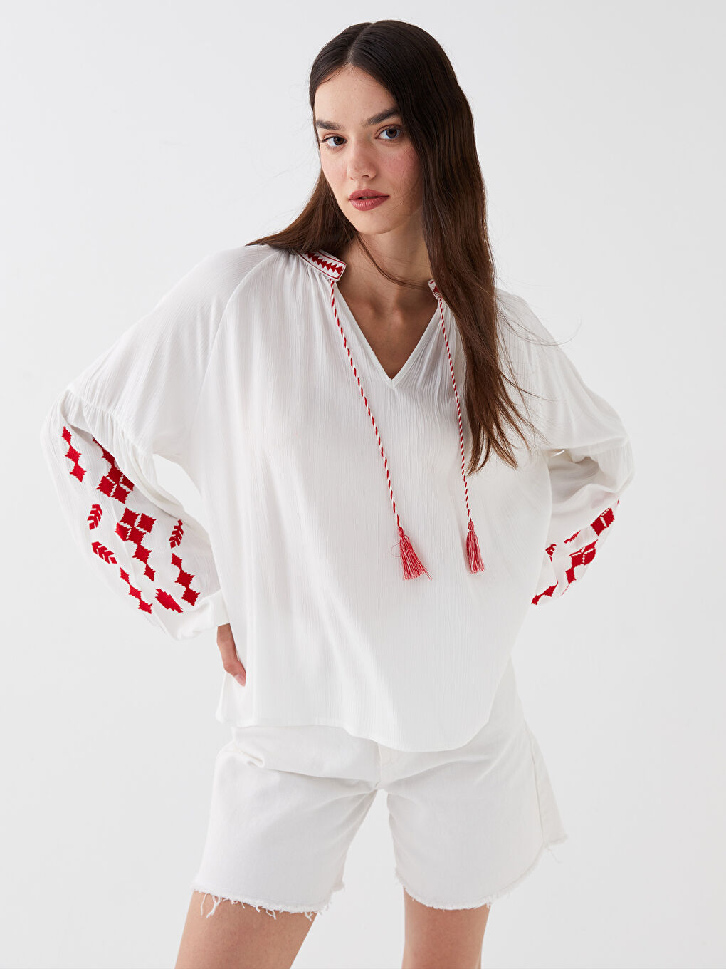 LCW Vision Bound Collar Embroidered Long Sleeve Oversize Women's Blouse -S3HN20Z8-V49