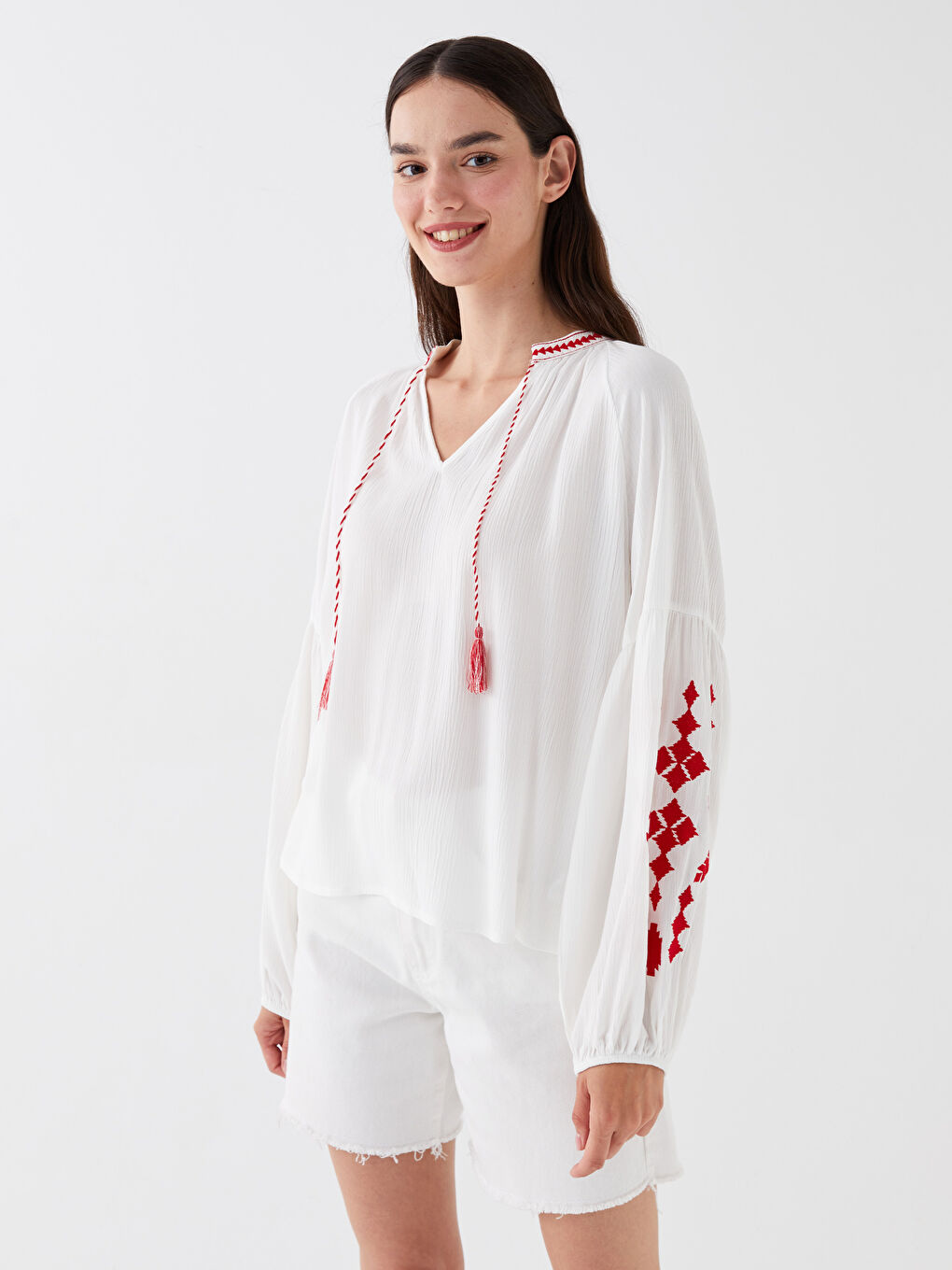 LCW Vision Bound Collar Embroidered Long Sleeve Oversize Women's Blouse -S3HN20Z8-V49
