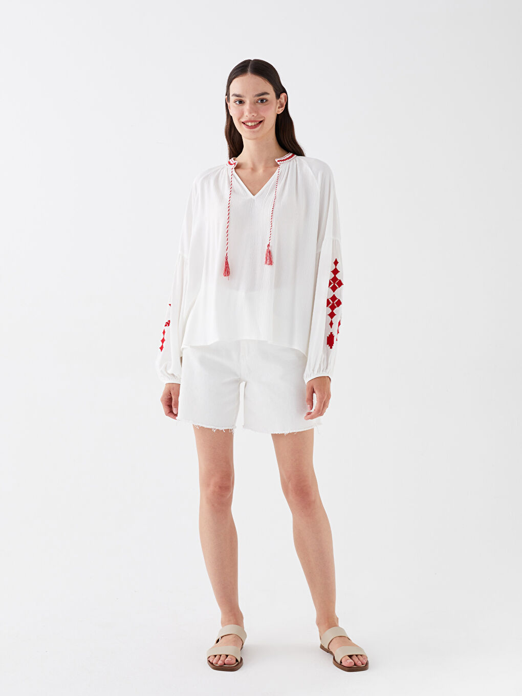 LCW Vision Bound Collar Embroidered Long Sleeve Oversize Women's Blouse -S3HN20Z8-V49