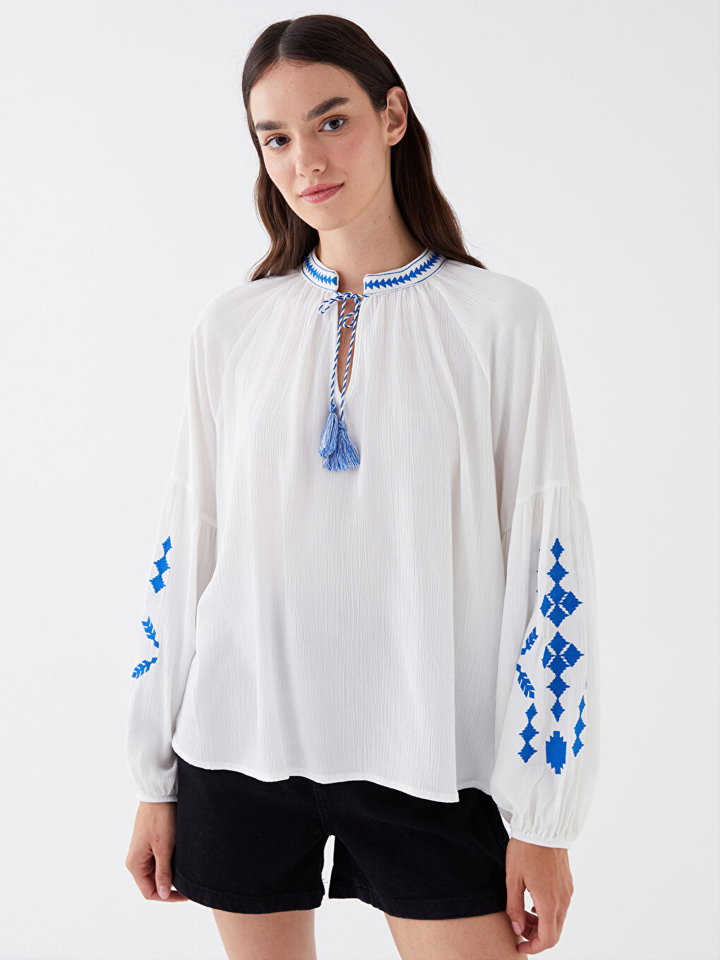 Bound Collar Embroidered Long Sleeve Oversize Women's Blouse -S3HN20Z8-V6W
