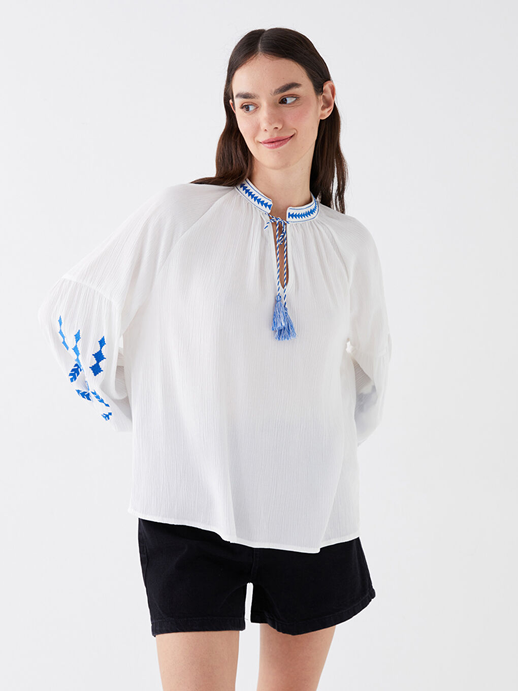 Bound Collar Embroidered Long Sleeve Oversize Women's Blouse -S3HN20Z8-V6W