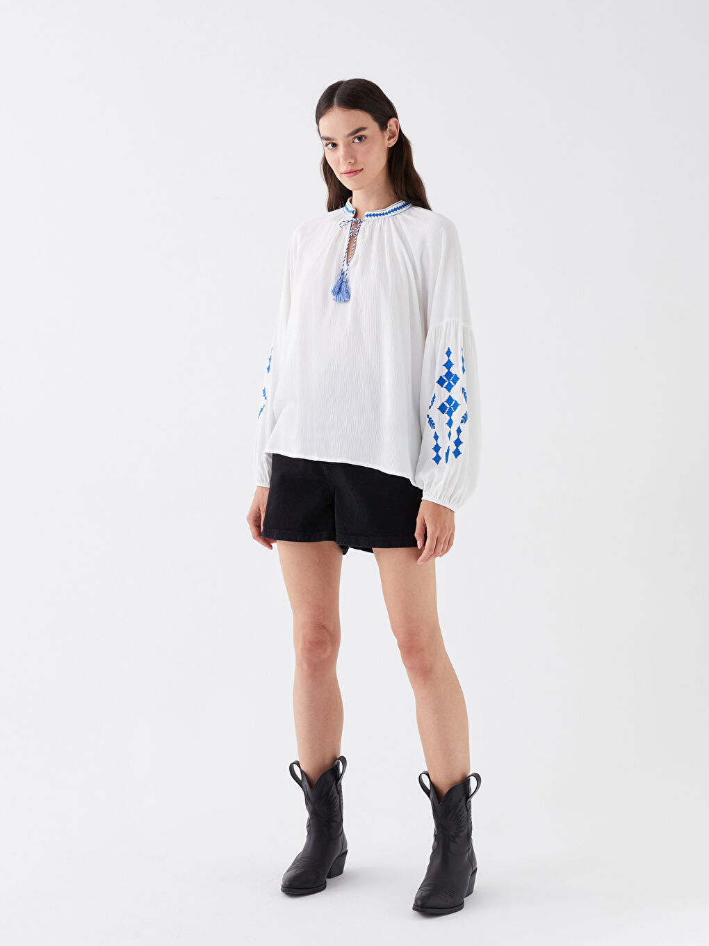 Bound Collar Embroidered Long Sleeve Oversize Women's Blouse -S3HN20Z8-V6W