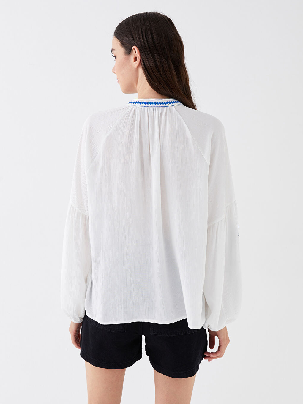 Bound Collar Embroidered Long Sleeve Oversize Women's Blouse -S3HN20Z8-V6W