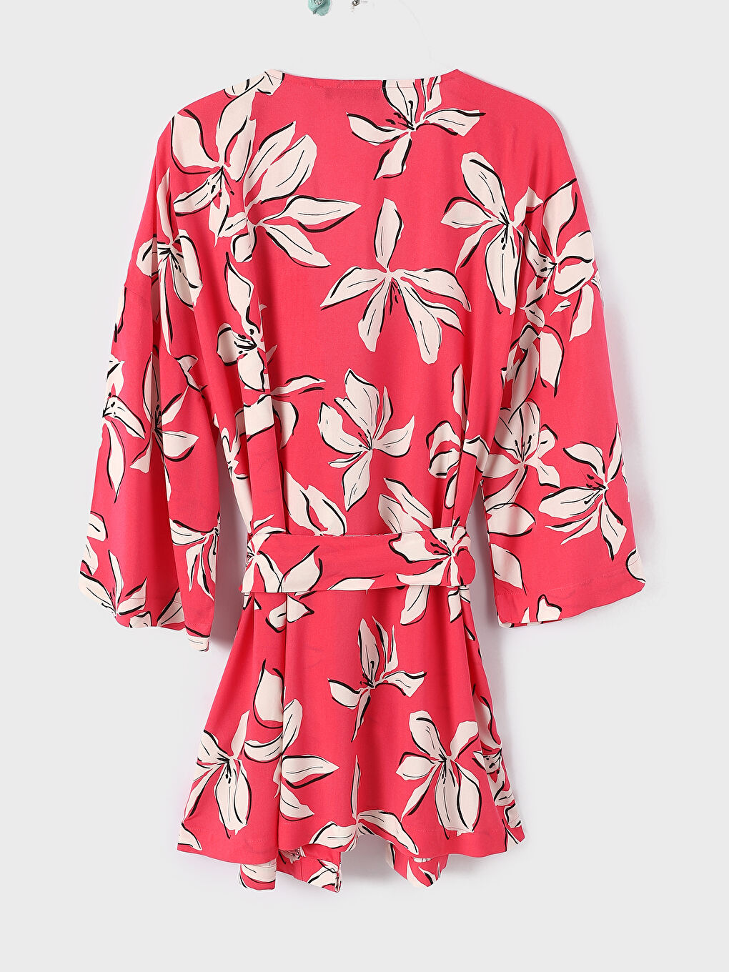 Shawl Collar Patterned Women's Kimono with Belt Detail-1